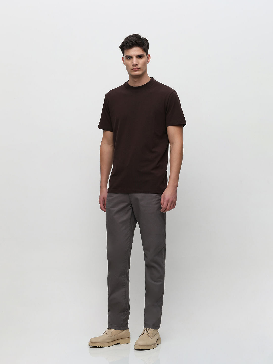 Dark Brown Solid Crew Neck T-shirt