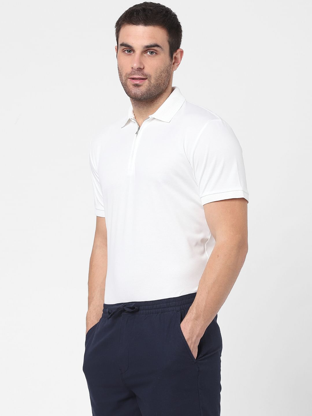 White Zip Polo Neck T-Shirt