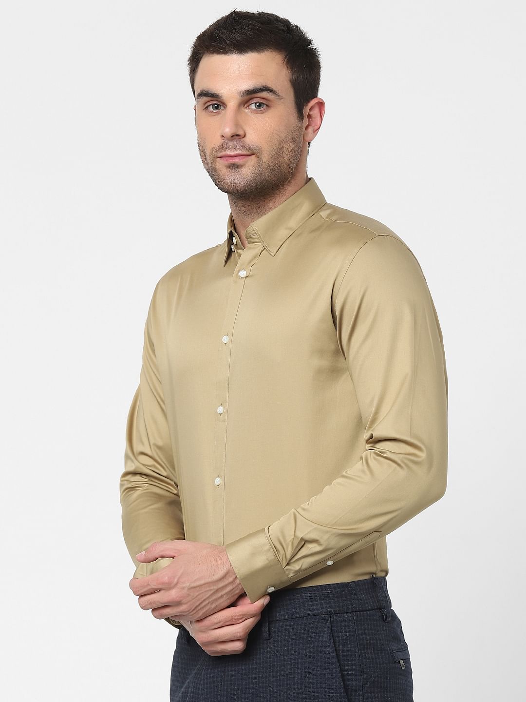 Beige Full Sleeves Slim Fit Shirt