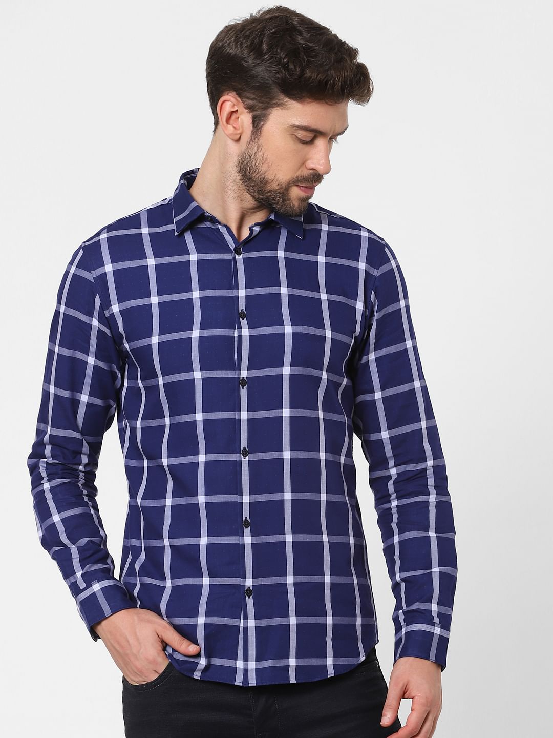 Dark Blue Check Full Sleeves Shirt