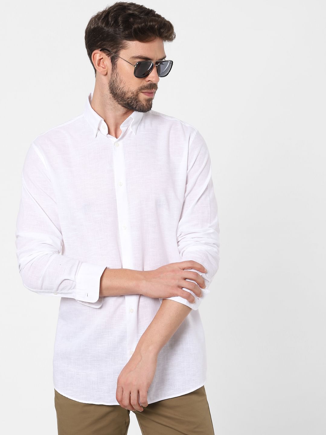 White Linen Blend Full Sleeves Shirt