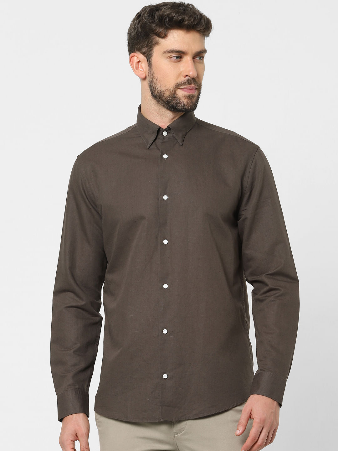 Brown Linen Blend Full Sleeves Shirt