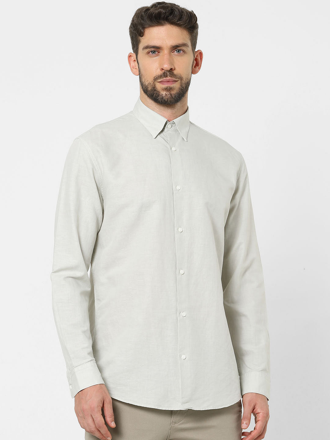 Grey Linen Blend Full Sleeves Shirt