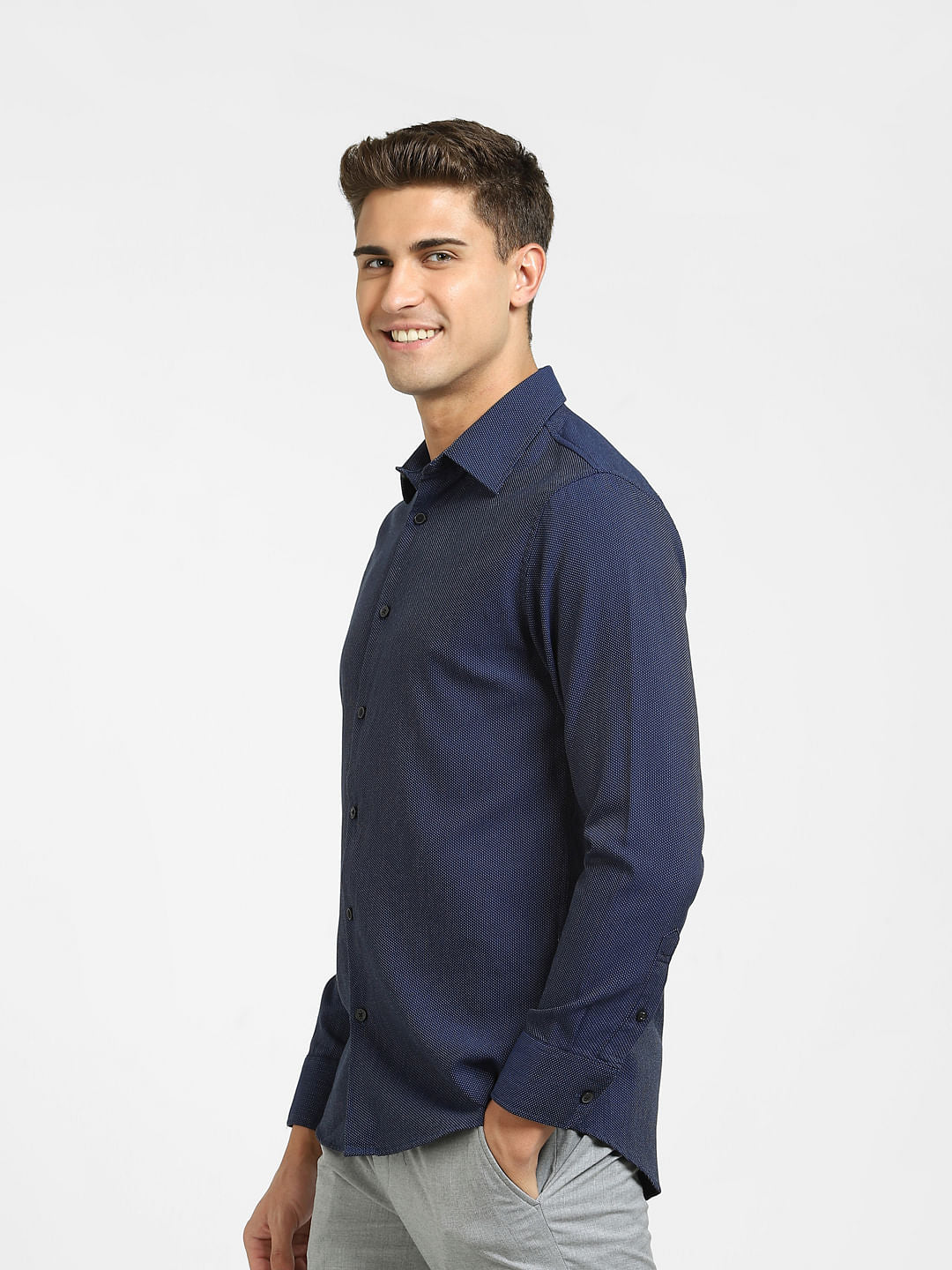 Navy Blue Printed Full Sleeves Shirt