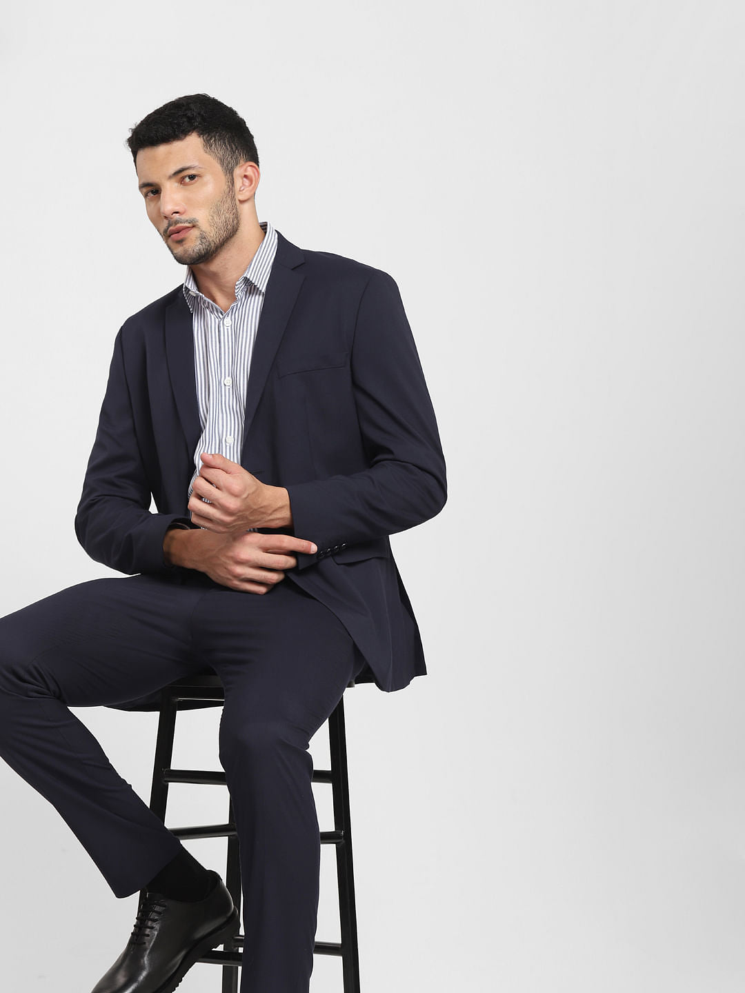 Navy Blue Striped Formal Full Sleeves Shirt