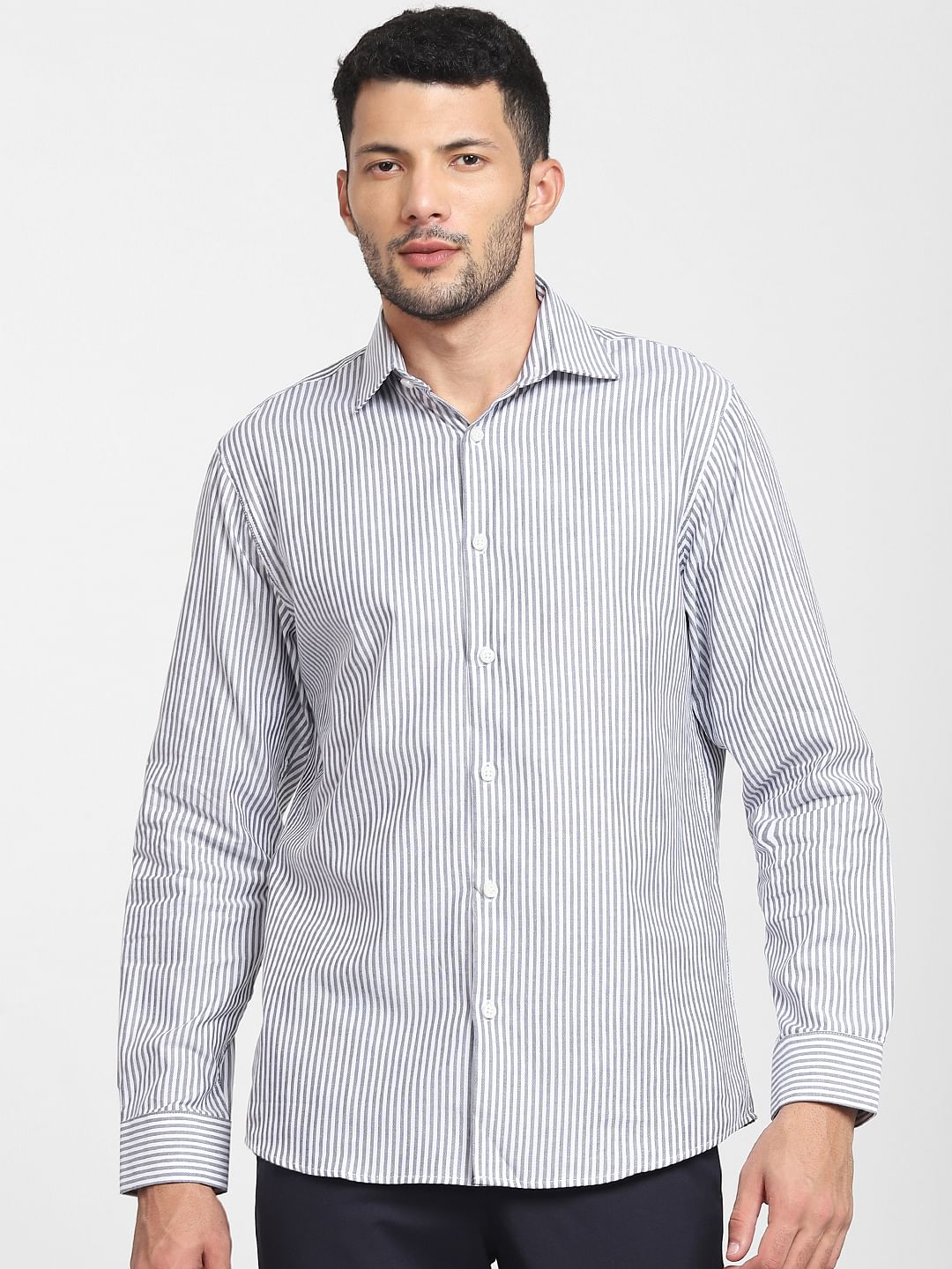 Navy Blue Striped Formal Full Sleeves Shirt