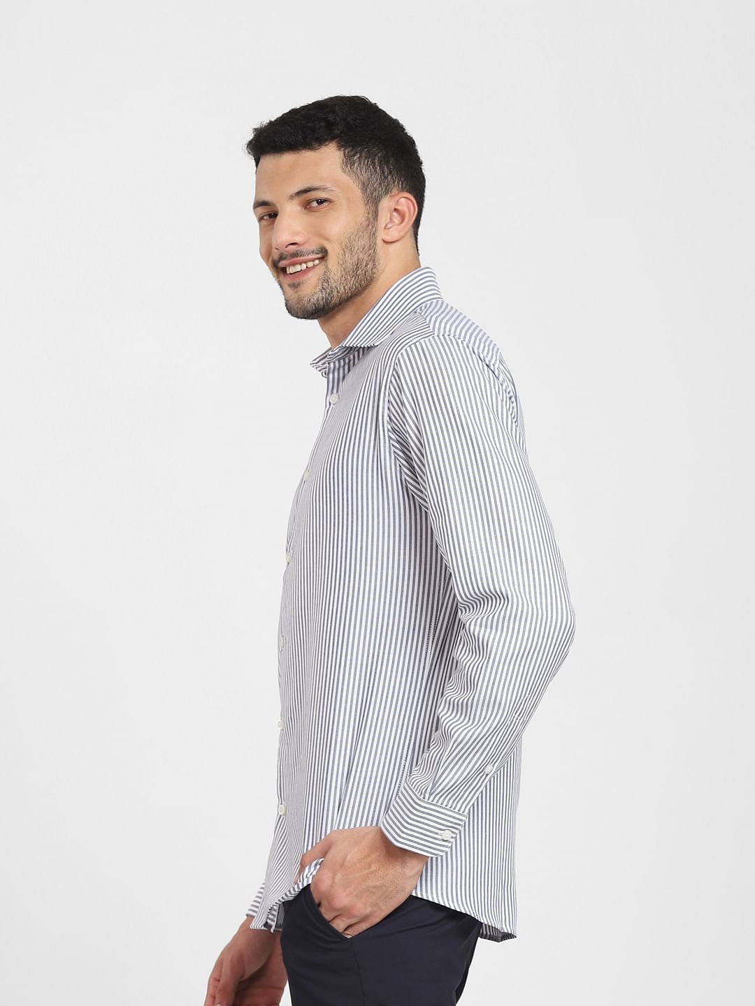 Navy Blue Striped Formal Full Sleeves Shirt