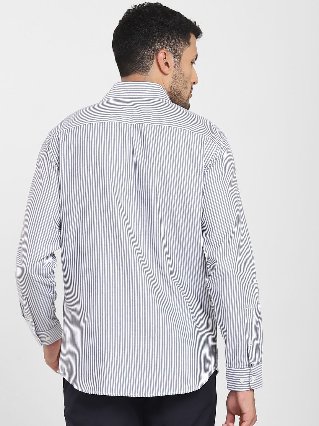 Navy Blue Striped Formal Full Sleeves Shirt