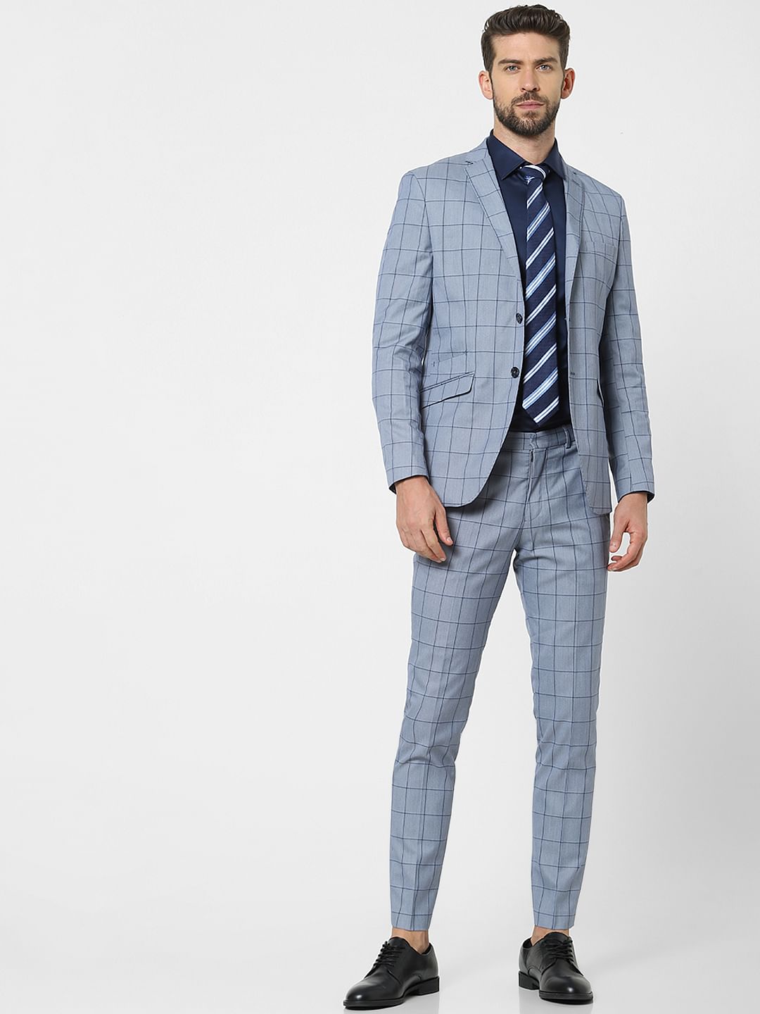 Light Blue Check Slim Fit Suit Trousers
