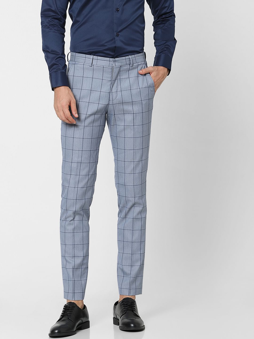 Light Blue Check Slim Fit Suit Trousers
