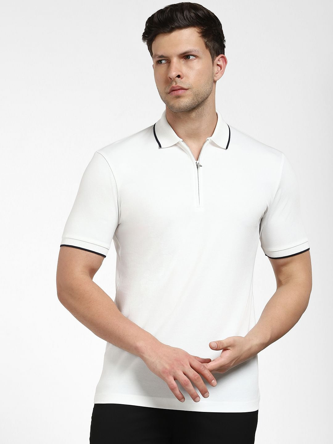 White Zip-Up Polo Neck T-shirt