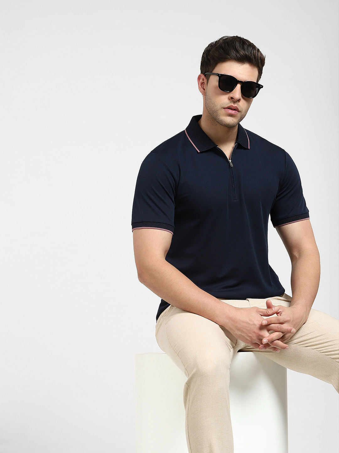 Navy Blue Zip-Up Polo Neck T-shirt