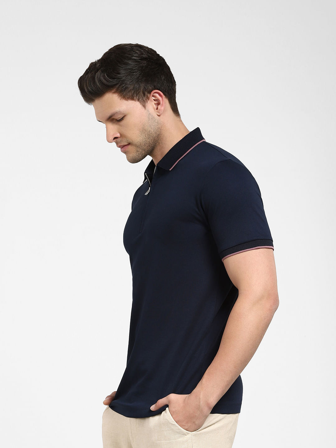 Navy Blue Zip-Up Polo Neck T-shirt