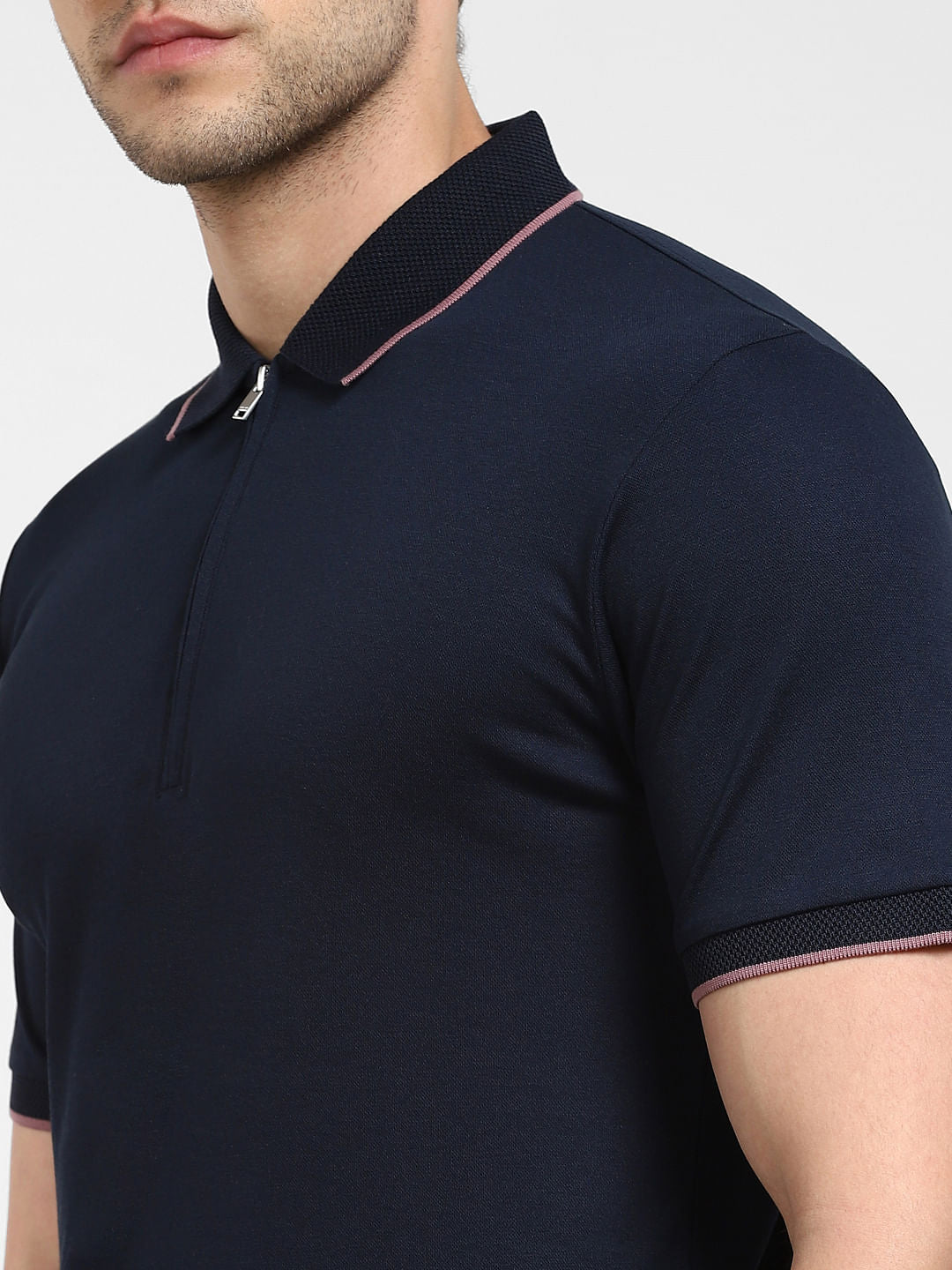 Navy Blue Zip-Up Polo Neck T-shirt