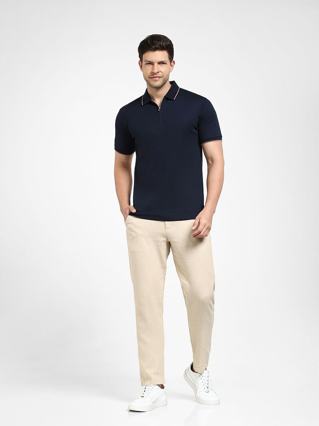 Navy Blue Zip-Up Polo Neck T-shirt