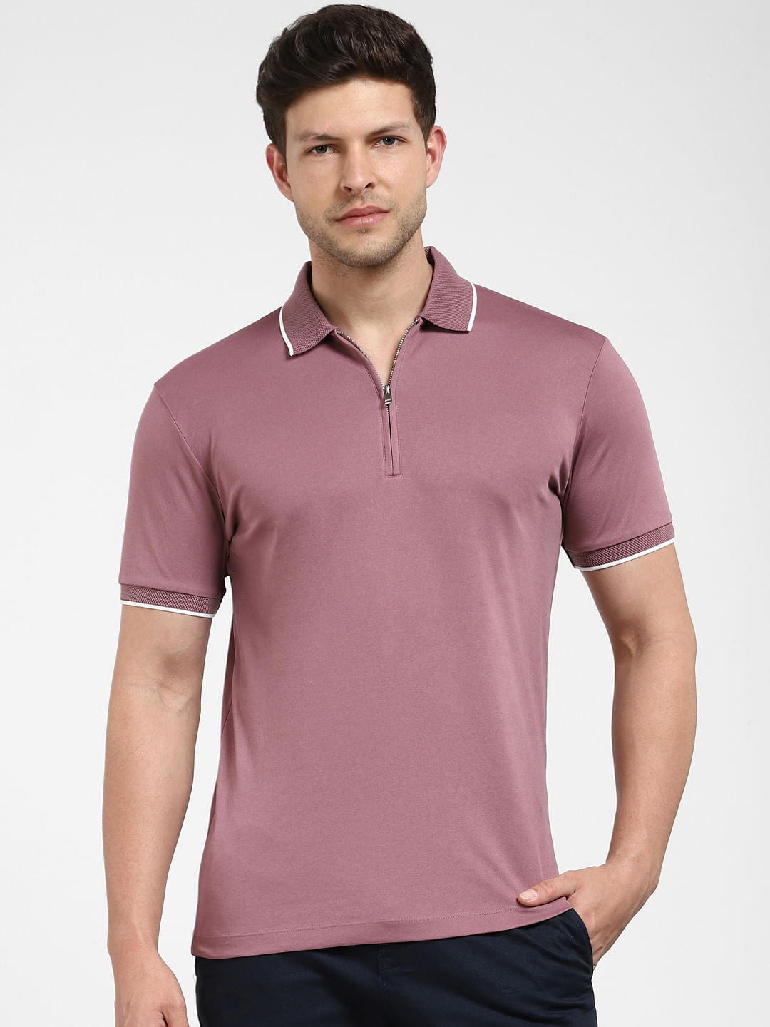 Mauve Zip-Up Polo Neck T-shirt