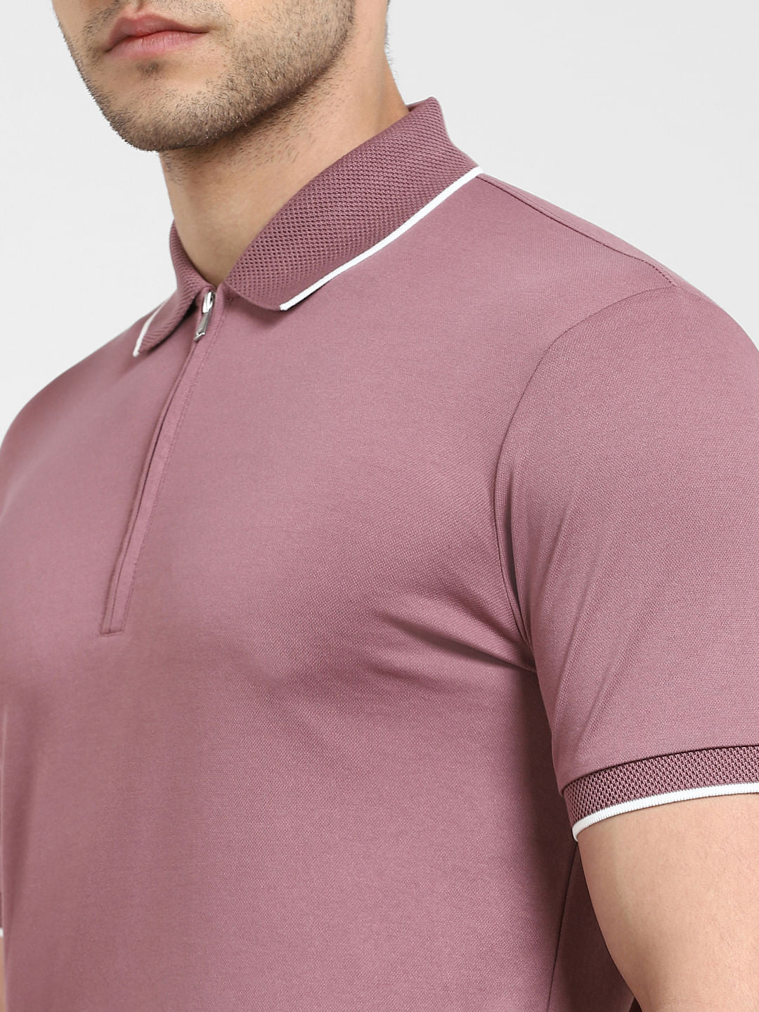 Mauve Zip-Up Polo Neck T-shirt