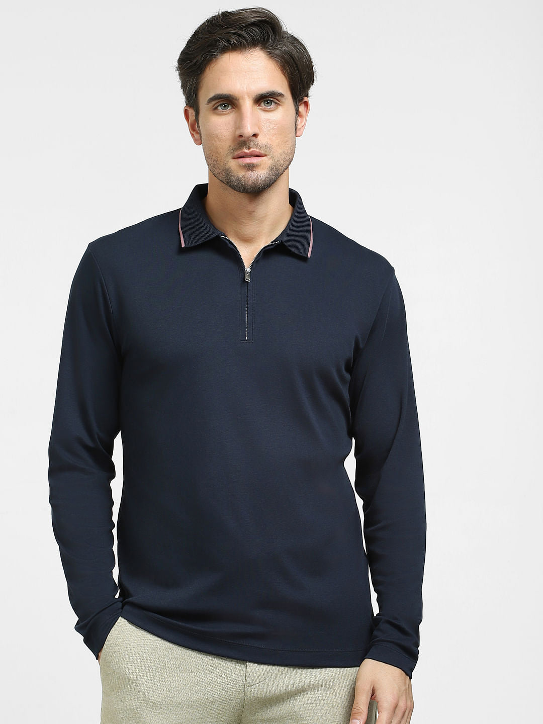 Navy Blue Zip-Up Polo T-shirt