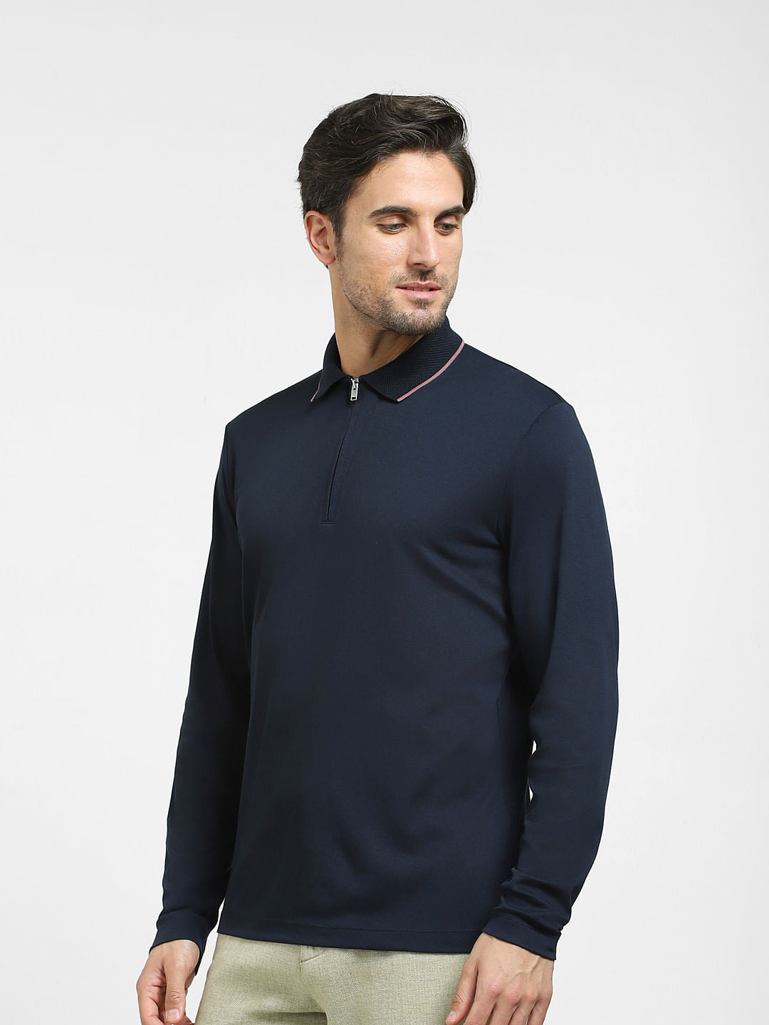 Navy Blue Zip-Up Polo T-shirt