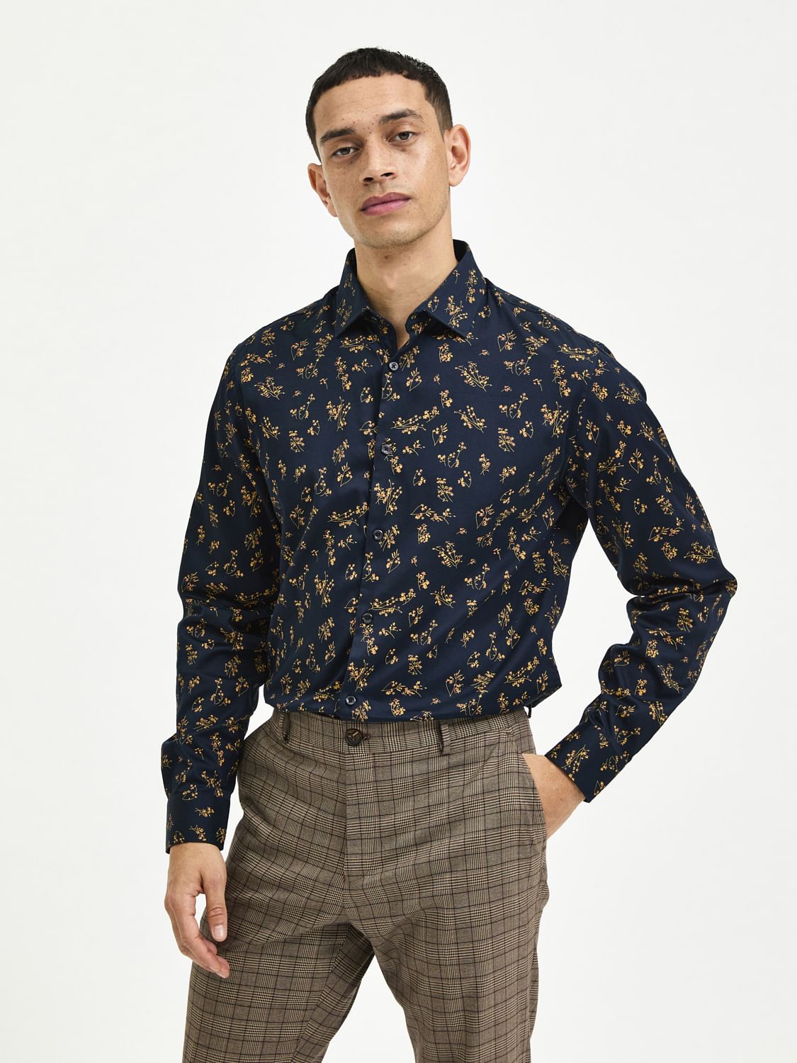 Navy Blue Floral Print Full Sleeves Shirt