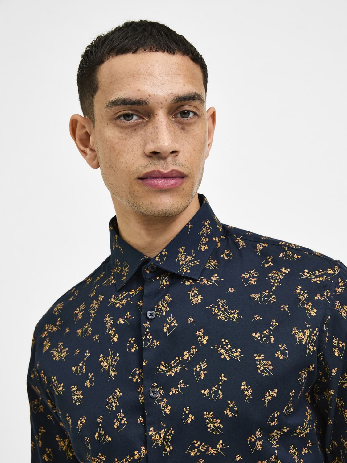 Navy Blue Floral Print Full Sleeves Shirt