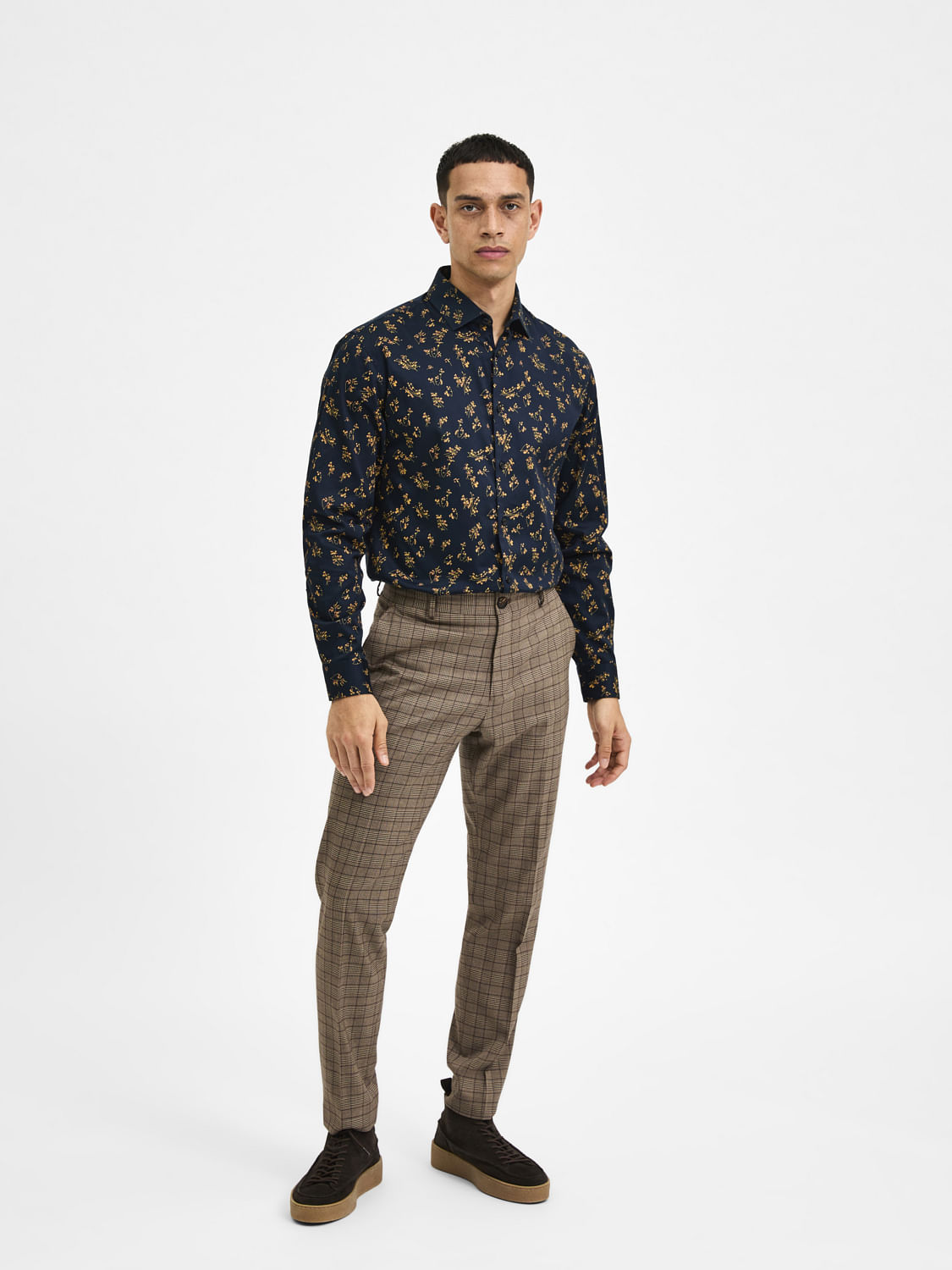 Navy Blue Floral Print Full Sleeves Shirt