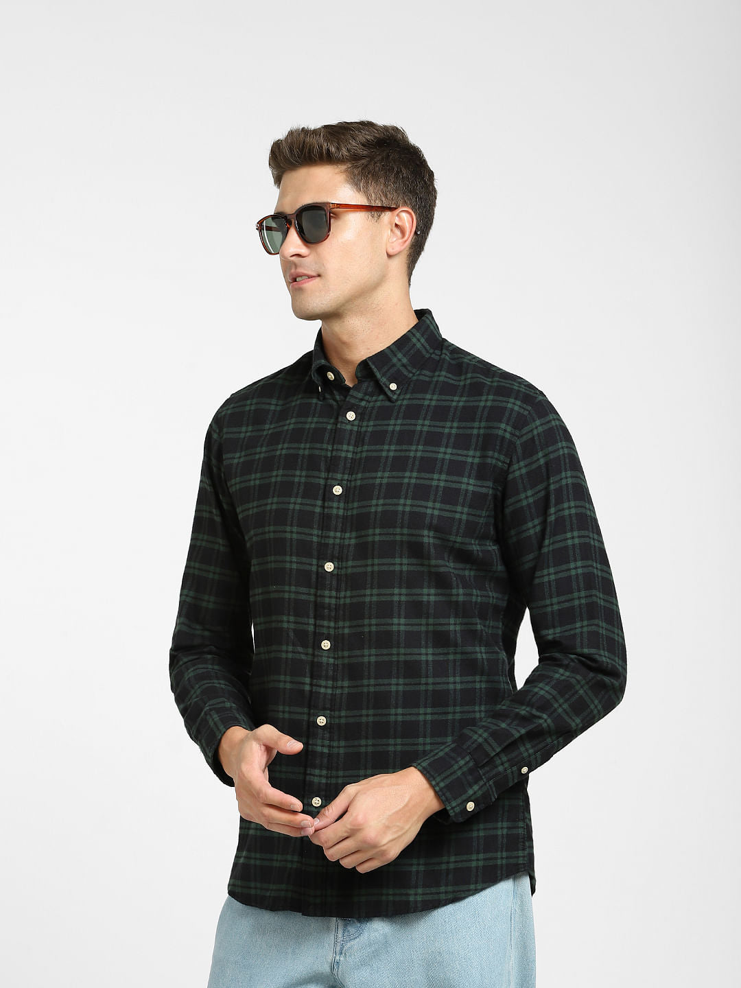 Green Checked Cotton Full Sleeves Shirt