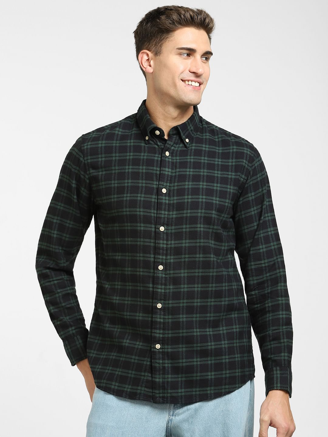 Green Checked Cotton Full Sleeves Shirt