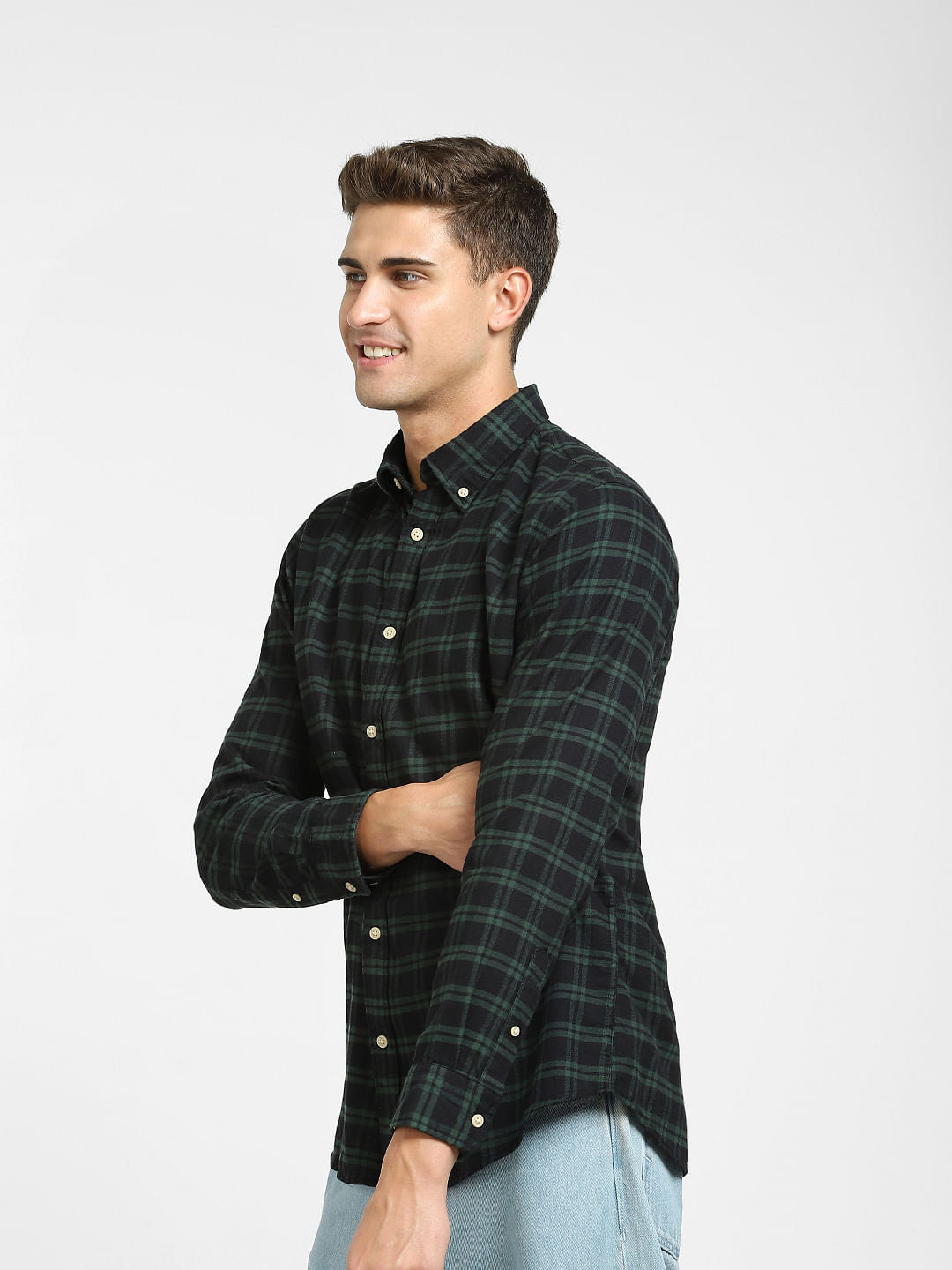 Green Checked Cotton Full Sleeves Shirt