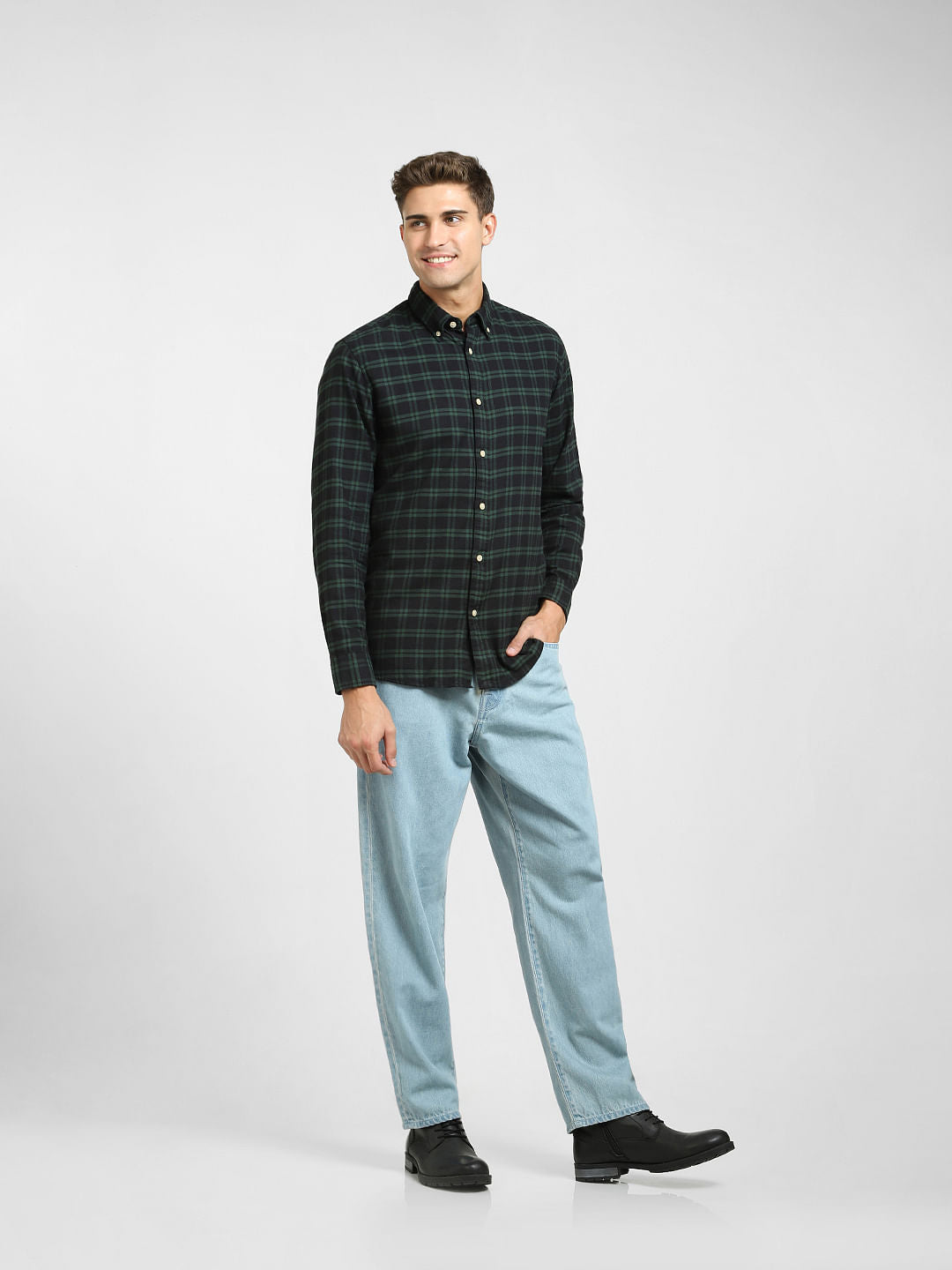 Green Checked Cotton Full Sleeves Shirt