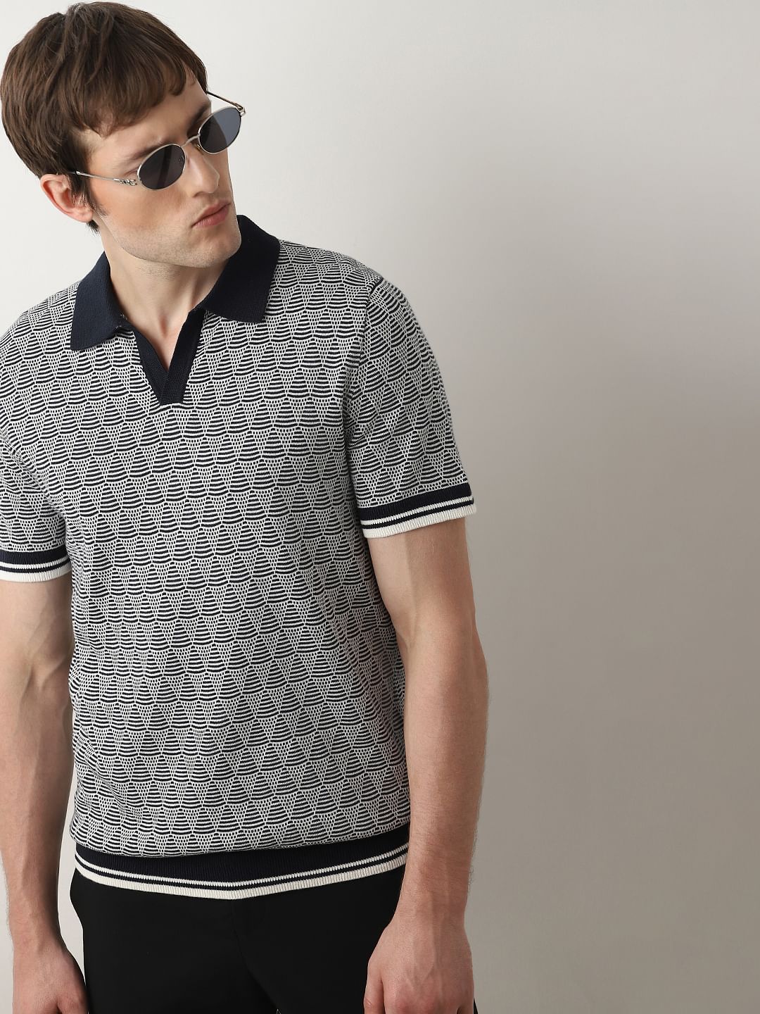 Dark Blue Printed Knit Polo T-shirt