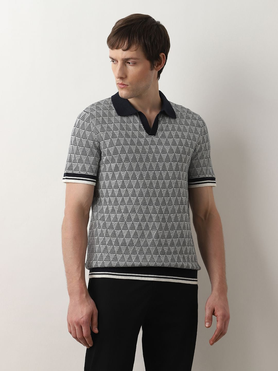 Dark Blue Printed Knit Polo T-shirt