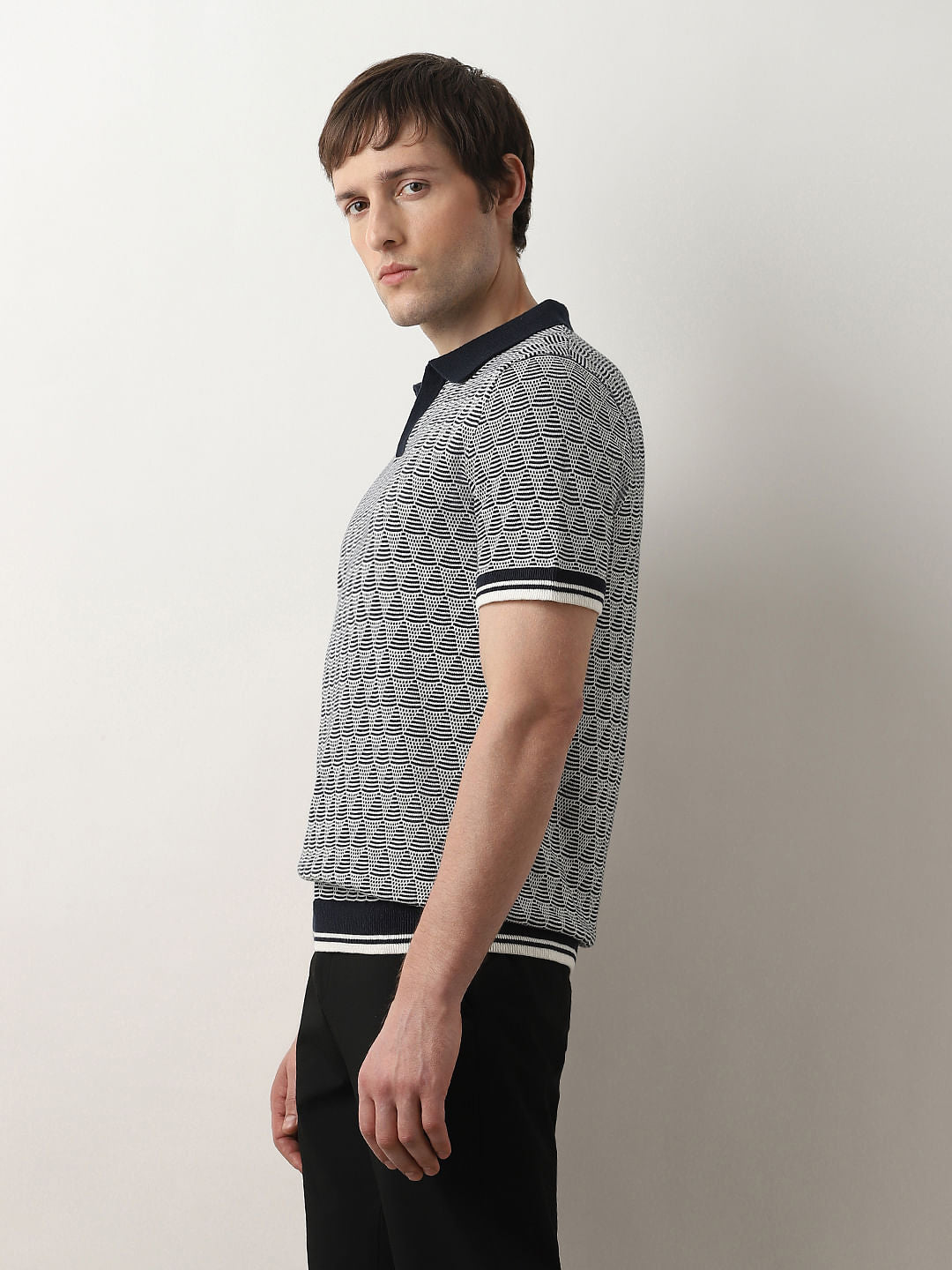 Dark Blue Printed Knit Polo T-shirt