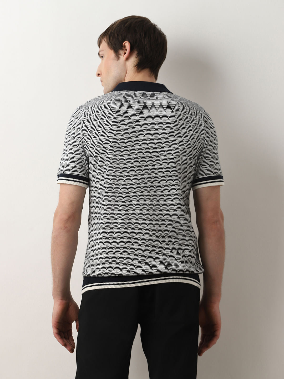 Dark Blue Printed Knit Polo T-shirt