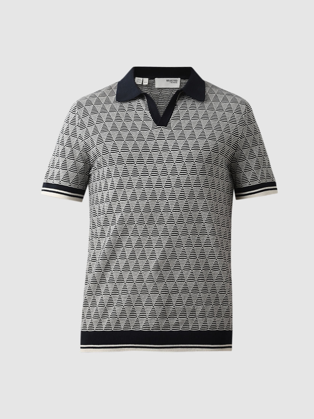 Dark Blue Printed Knit Polo T-shirt