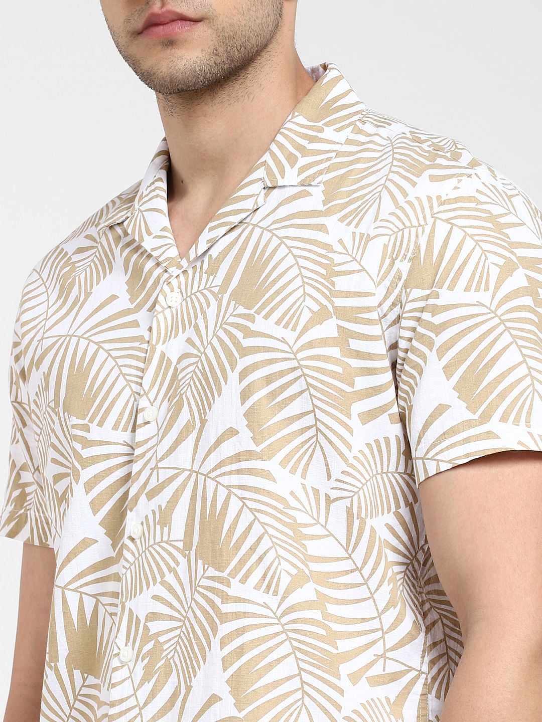 White Tropical Print Cuban Collar Shirt