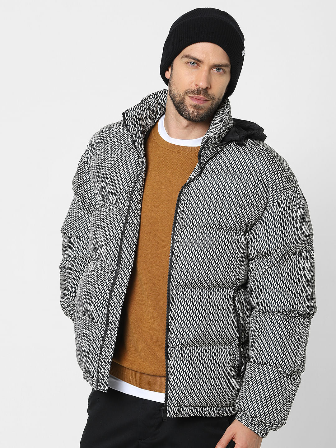 White Printed Hooded Puffer Jacket