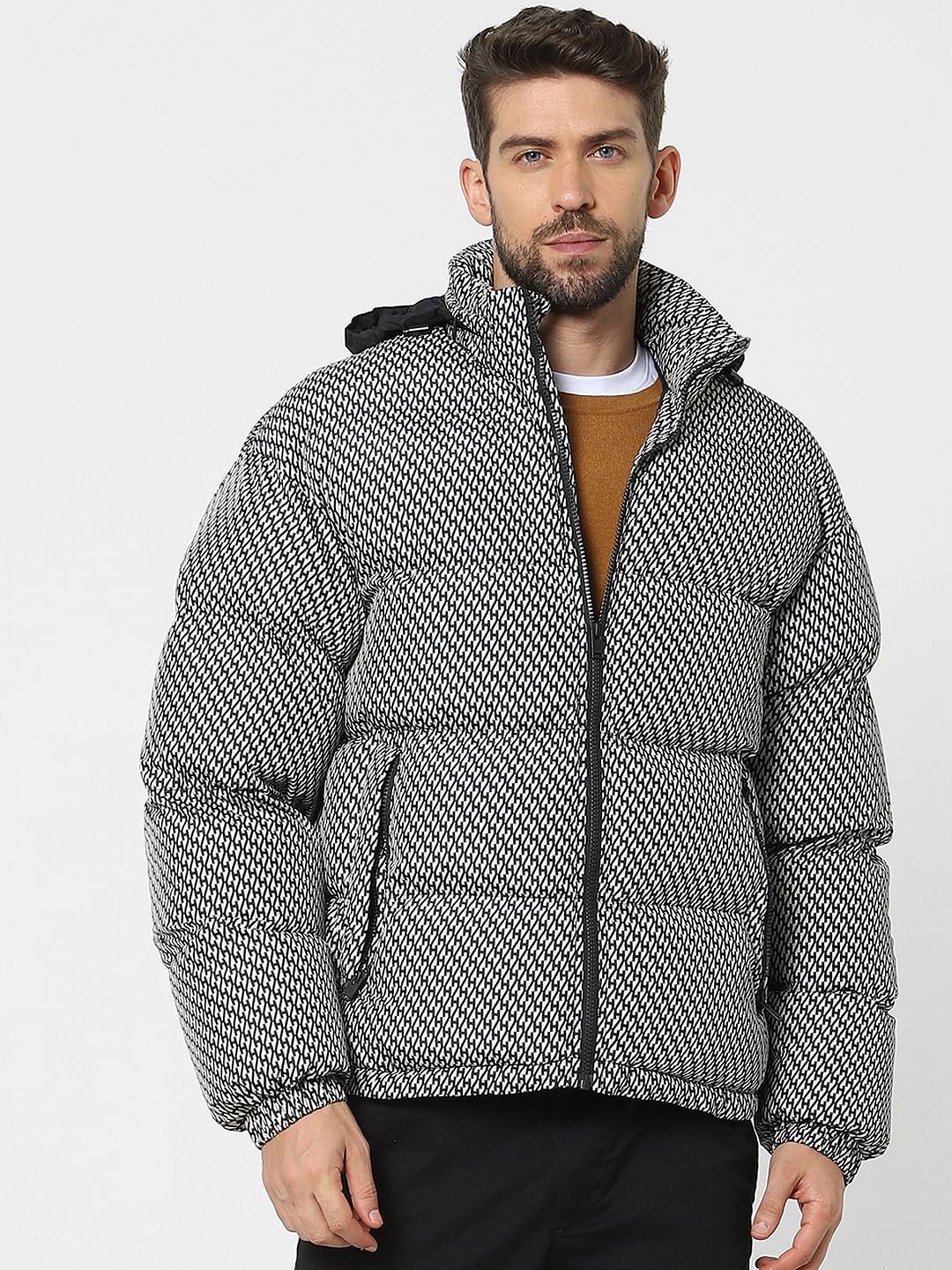 White Printed Hooded Puffer Jacket