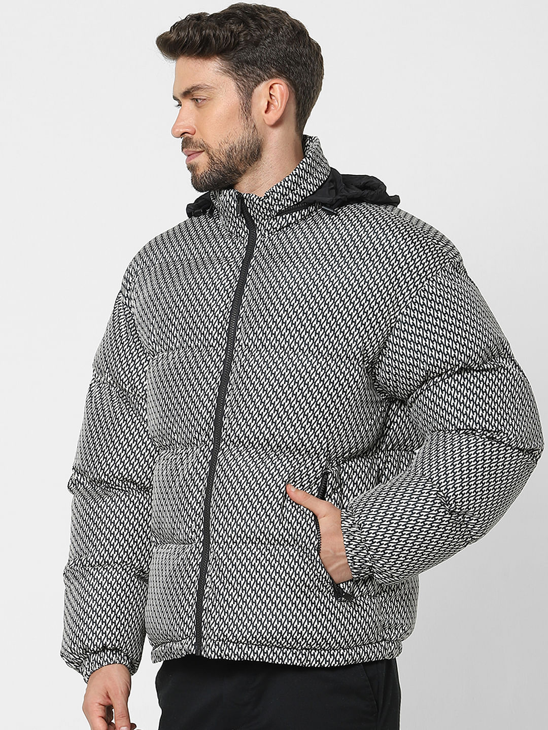 White Printed Hooded Puffer Jacket