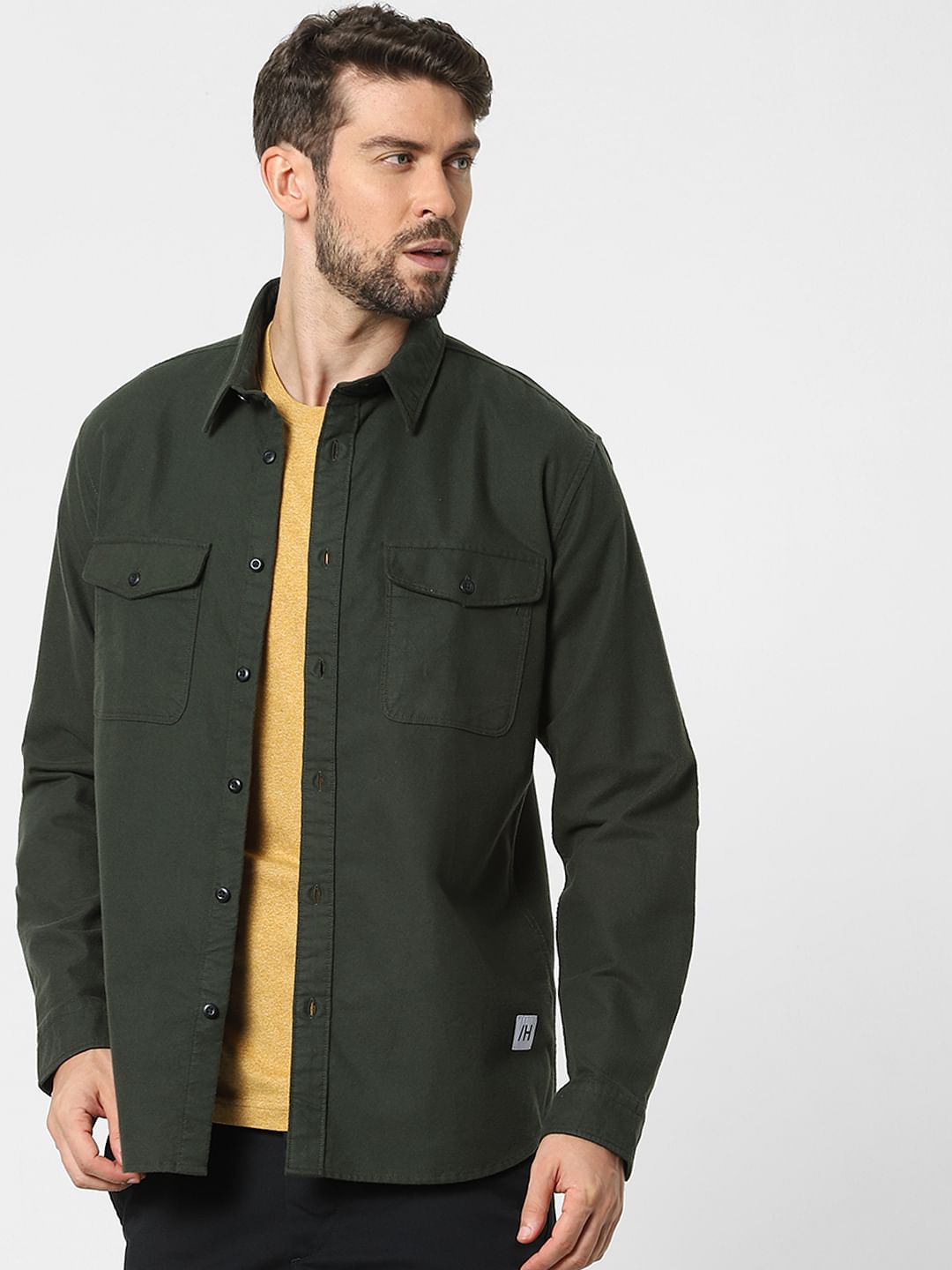 Dark Green Organic Cotton Full Sleeves Overshirt