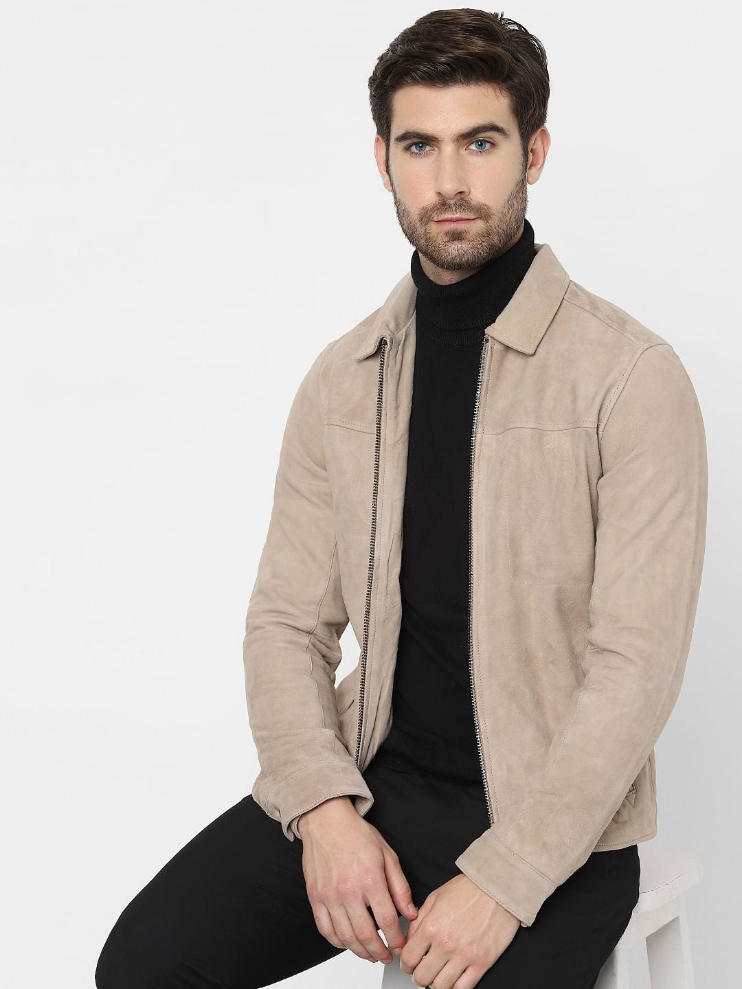 Beige Suede Bomber Jacket