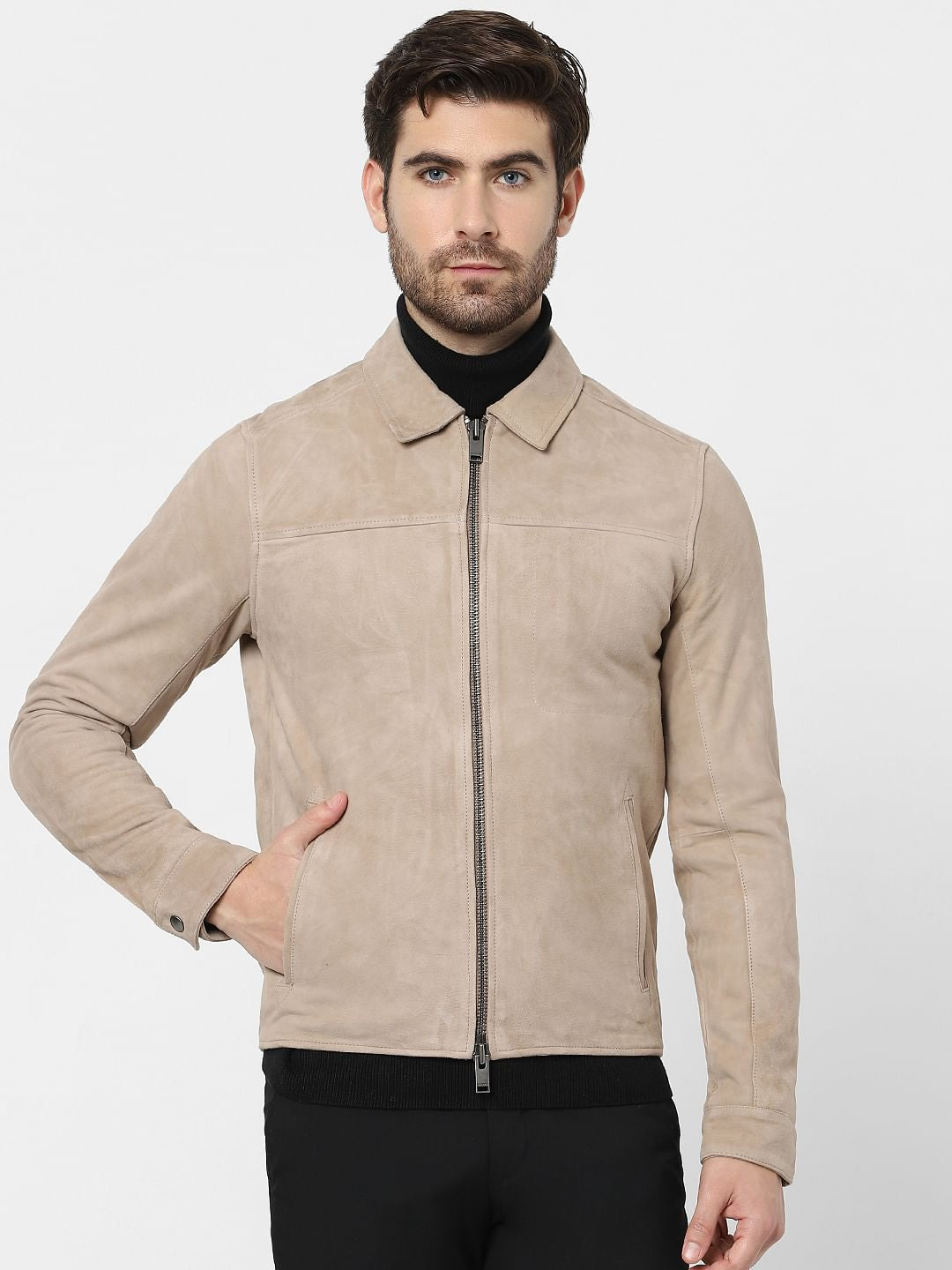 Beige Suede Bomber Jacket