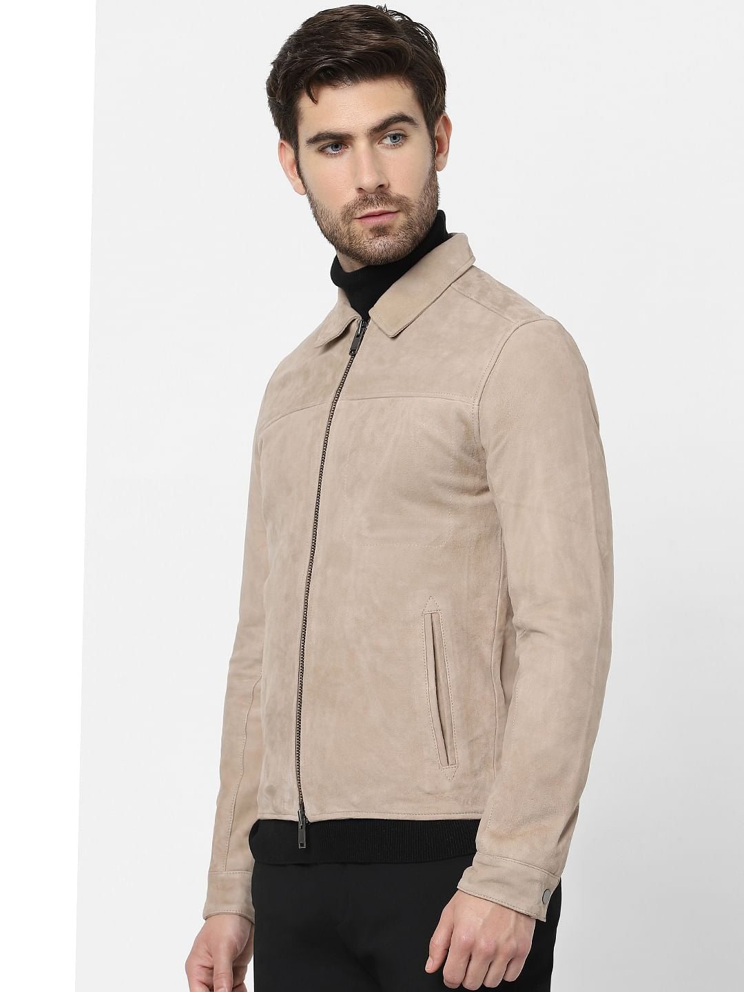 Beige Suede Bomber Jacket