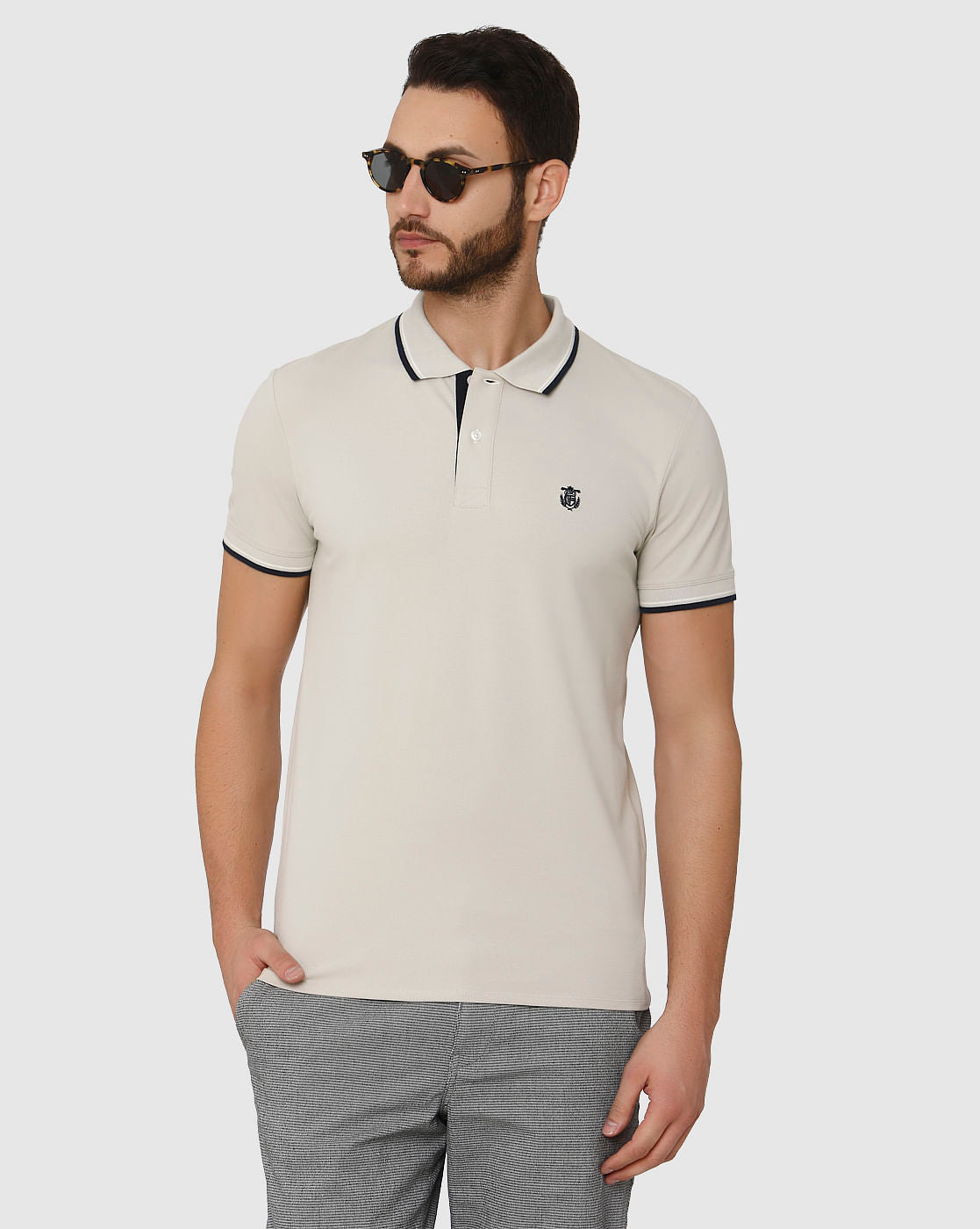 Grey Contrast Tipping Polo Neck T-Shirt