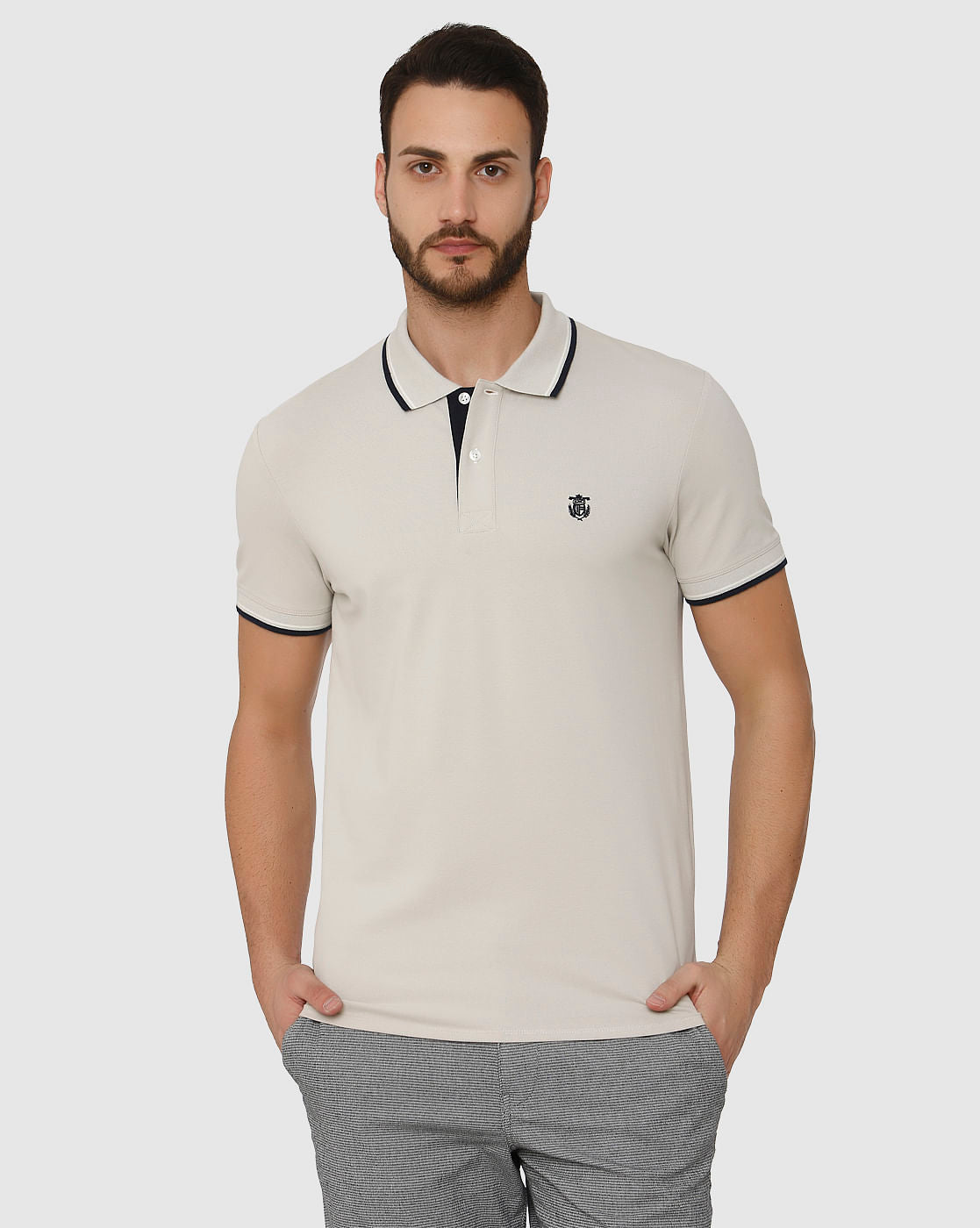 Grey Contrast Tipping Polo Neck T-Shirt