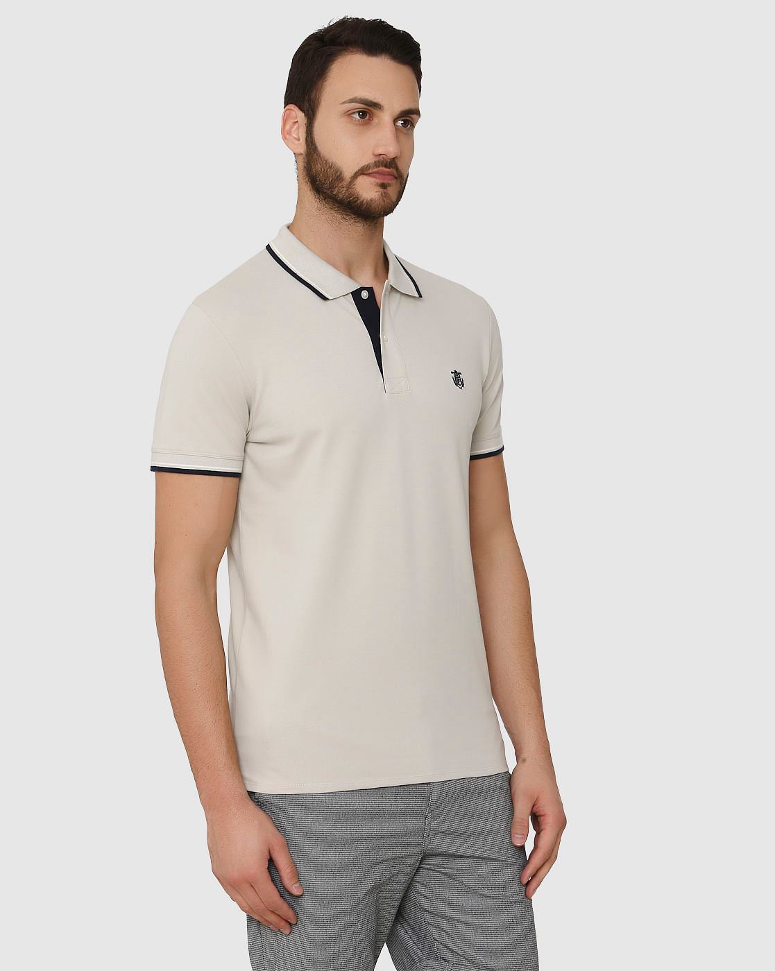 Grey Contrast Tipping Polo Neck T-Shirt