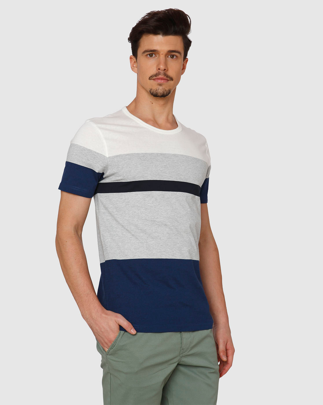 Blue Colour Blocked Crew Neck T-Shirt