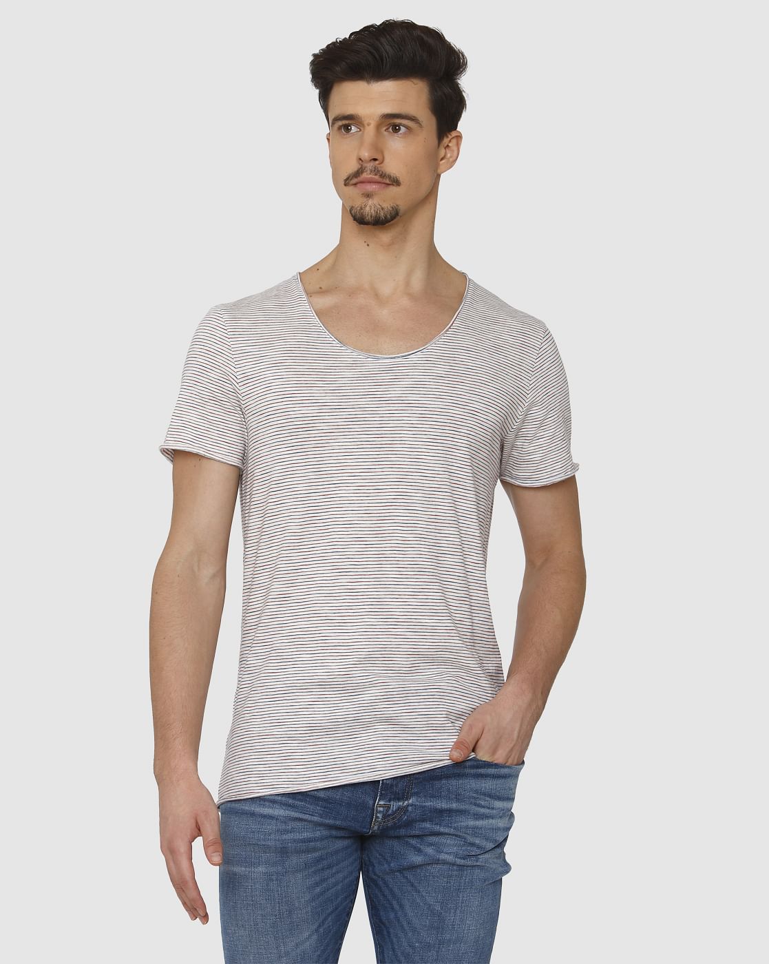 Blue Striped Raw Edge Crew Neck T-Shirt