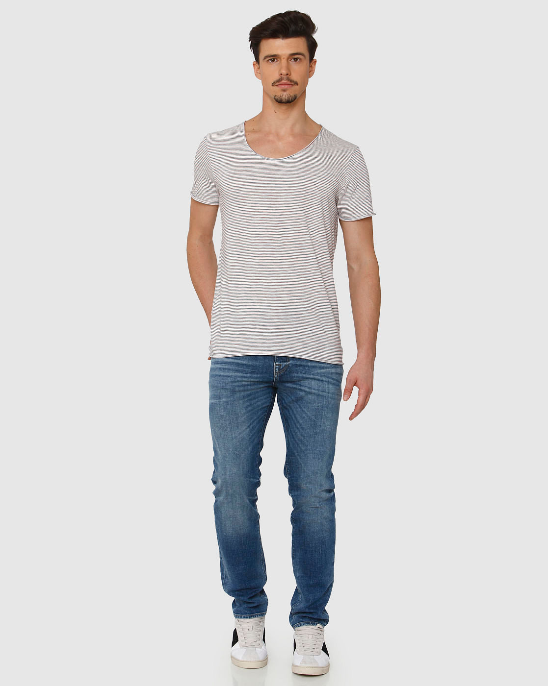 Blue Striped Raw Edge Crew Neck T-Shirt