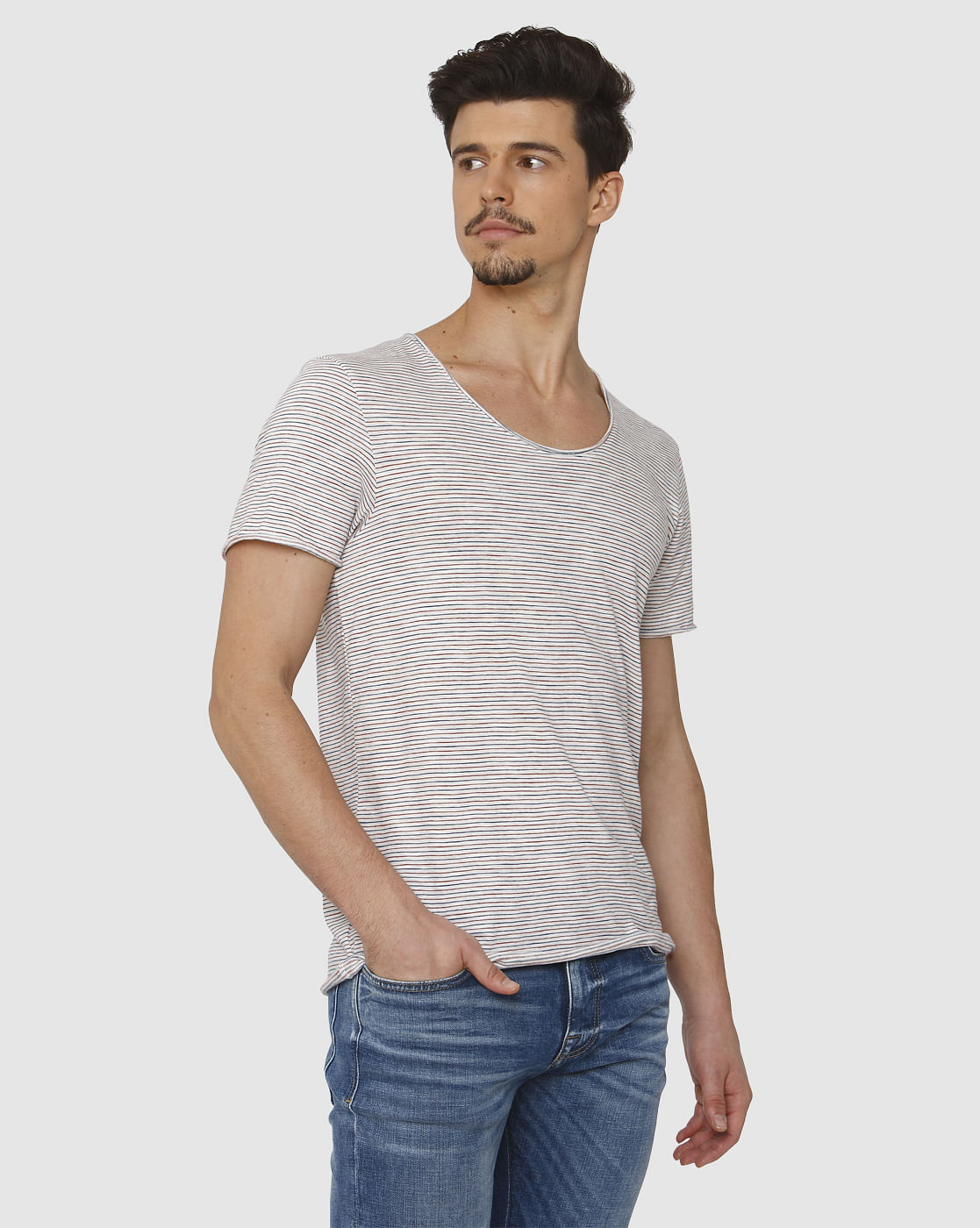 Blue Striped Raw Edge Crew Neck T-Shirt